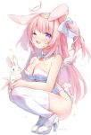  1girl :d absurdres angel_wings animal animal_ears bare_arms bare_shoulders blush bow bowtie breasts cleavage collar detached_collar ear_down from_side full_body gau_(n00_shi) hair_bow hair_ribbon halo high_heels highres holding holding_animal holding_rabbit indie_virtual_youtuber kneeling legs_together leotard long_hair looking_at_viewer looking_to_the_side mashiro_mayu medium_breasts one_eye_closed open_mouth pink_eyes pink_hair playboy_bunny rabbit rabbit_ears rabbit_tail ribbon sidelocks simple_background smile solo star_(symbol) swept_bangs tail teeth thighhighs tiara tongue twitter_username two_side_up upper_teeth_only virtual_youtuber white_background white_bow white_bowtie white_collar white_footwear white_leotard white_ribbon white_thighhighs wings 