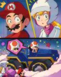  1990s_(style) 1girl 2boys blonde_hair blue_eyes blue_vest brenni_murasaki clip_studio_paint_(medium) closed_mouth commentary facial_hair glint ground_vehicle hat helmet highres lipstick long_hair looking_at_viewer makeup mario mario_(series) motorcycle_helmet multiple_boys mustache ponytail princess_peach red_headwear red_shirt retro_artstyle shirt smile spoken_character sunglasses symbol-only_commentary the_super_mario_bros._movie toad_(mario) vest wide-eyed 