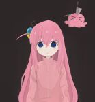  1girl absurdres blue_eyes bocchi_the_rock! cube_hair_ornament gotoh_hitori gotoh_hitori_(octopus) hair_between_eyes hair_ornament highres jacket knife knife_in_head long_hair long_sleeves looking_at_viewer naaga_sonomono object_through_head open_mouth pink_hair pink_jacket pink_track_suit side_ahoge simple_background solo track_jacket 