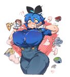  1girl alternate_breast_size ass_expansion black_hairband blue_hair blush breast_expansion breasts bursting_breasts dif_(difman) difman growth hair_between_eyes hair_ribbon hairband highres mario_(series) mole multicolored_hair mushroom original overalls ribbon solo streaked_hair surprised the_super_mario_bros._movie wardrobe_malfunction yellow_eyes 