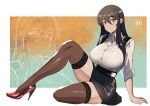  1girl black_skirt breasts brown_eyes brown_hair hair_over_breasts hand_on_ground high_heels highres ihsnet knee_up large_breasts long_hair looking_at_viewer red_footwear sitting skirt smile solo thighhighs thighs 