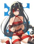  1girl arm_strap bare_shoulders barefoot black_hair body_markings breasts collarbone eyepatch fate/grand_order fate_(series) fishnets highres long_hair looking_at_viewer mitsurugi_sugar mochizuki_chiyome_(fate) purple_eyes revealing_clothes sitting small_breasts smile snake_tattoo solo tattoo thigh_strap thighs tongue tongue_out very_long_hair wariza 