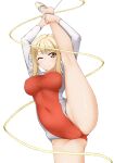  1girl athletic_leotard blonde_hair breasts commission covered_navel cowboy_shot gymnastics hinata_masaki leg_up leotard long_sleeves looking_at_viewer love_live! love_live!_nijigasaki_high_school_idol_club medium_breasts medium_hair miyashita_ai one_eye_closed orange_eyes pixiv_commission red_leotard rhythmic_gymnastics sidelocks solo split standing standing_on_one_leg standing_split 