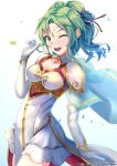  1girl absurdres armor blue_capelet breastplate breasts capelet circlet cleavage dress fire_emblem fire_emblem:_the_sacred_stones green_eyes green_hair hair_tie hair_twirling highres l&#039;arachel_(fire_emblem) looking_at_viewer one_eye_closed open_mouth ryo-suzuki shoulder_armor small_breasts smile solo teeth watermark white_background white_dress 
