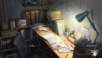  artist_logo binder book book_stack chair cup desk desk_lamp eraser glasses highres lamp no_humans notepad office_chair original pen pencil round_eyewear ruler scenery shelf swivel_chair xingzhi_lv 