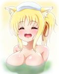  1girl animal_ears bath bathing blonde_hair blush breasts cleavage closed_mouth collarbone dog_days fox_ears fox_girl happy highres large_breasts nude open_mouth partially_submerged ponytail solo steam water wet yosuzu yukikaze_panettone 