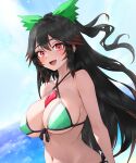  1girl :d absurdres bare_shoulders bikini black_hair blush bow breasts chest_jewel day eyelashes green_bikini green_bow hair_between_eyes hair_bow halterneck happy highres large_breasts long_hair navel no_wings open_mouth outdoors red_eyes reiuji_utsuho sidelighting smile solo sugar_you swimsuit touhou very_long_hair 