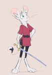  animancer burgandy clothing digitigrade dipodid fur green_eyes hi_res jerboa luck_(animancer) mammal melee_weapon page_(disambiguation) rodent sword tunic weapon white_body white_fur 