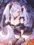  1girl alllisso animal_ears aqua_eyes azur_lane bat_wings between_legs black_collar black_leotard black_skirt black_thighhighs blue_eyes blue_hair blush breasts candy cat_ears cleavage collar covered_navel demon_tail fake_animal_ears food halloween_costume hand_between_legs hand_up highres janus_(azur_lane) janus_(fright-night_scaredy-cat)_(azur_lane) leotard light_blue_hair lollipop long_hair looking_at_viewer official_alternate_costume on_bed open_mouth pillow pleated_skirt pumpkin see-through see-through_leotard signature sitting skirt small_breasts solo swirl_lollipop tail thighhighs torn_clothes torn_thighhighs twintails wavy_mouth wings 