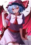  1girl ascot back_bow bat_(animal) bat_wings blue_hair bow breasts closed_mouth commentary_request contrapposto cowboy_shot expressionless fingernails hair_between_eyes hand_up hat highres imblossoms looking_at_viewer medium_breasts medium_hair mob_cap red_ascot red_eyes remilia_scarlet simple_background solo thighs touhou white_background wings 