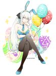  1girl animal_ears balloon blue_eyes breasts cleavage crossed_legs detached_collar easter easter_egg egg fate/grand_order fate_(series) grey_hair haji1nomo highres holding holding_balloon morgan_le_fay_(fate) necktie pantyhose playboy_bunny ponytail rabbit_ears twitter_username wrist_cuffs 