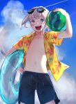  1boy ball beachball black_male_swimwear blue_eyes blue_sky blush collarbone contrail eiki_(eikityou_55) fate/grand_order fate_(series) floral_print grey_hair hand_on_own_hip hawaiian_shirt hibiscus_print highres holding holding_ball holding_beachball holding_innertube innertube male_focus male_swimwear navel no_nipples oberon_(fate) open_clothes open_mouth open_shirt shirt short_hair short_ponytail sky solo swim_trunks teeth upper_teeth_only 