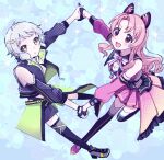  2girls :o animal_ears black_gloves black_jacket black_shorts black_thighhighs blue_background blue_hair blush bow bowtie cat_ears clothing_cutout commentary detached_sleeves dot_nose expressionless frills full_body gloves green_eyes hair_ornament hairclip highres holding_hands idolmaster idolmaster_million_live! idolmaster_million_live!_theater_days jacket kanipoposu light_blue_hair long_hair long_sleeves looking_at_viewer makabe_mizuki multiple_girls official_alternate_costume official_alternate_hair_color open_mouth pink_bow pink_bowtie pink_eyes pink_hair pink_skirt pink_sleeves pink_vest short_hair shorts shoulder_cutout sidelocks single_glove skirt smile sparkle takayama_sayoko thighhighs vest wavy_hair white_gloves 