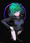  1girl absurdres atmosgear black_background black_dress blue_eyes breasts clenched_teeth curly_hair dress flipped_hair floating from_above glaring green_hair hand_on_own_hip highres looking_at_viewer medium_breasts one-punch_man scowl short_hair side_slit solo tatsumaki teeth 