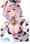  1girl absurdres animal_print bell blush breasts buttons cleavage cow_print fake_horns green_eyes grey_hair hand_up highres hololive hood horns large_breasts long_sleeves looking_at_viewer mole mole_on_breast neck_bell scan shirogane_noel simple_background smile virtual_youtuber watao white_background 