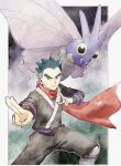  1boy asuka_rkgk black_eyes border closed_mouth floating_scarf frown grey_shirt jacket koga_(pokemon) male_focus pants pokemon pokemon_(creature) pokemon_(game) pokemon_hgss red_scarf scarf shirt short_hair spiked_hair squatting venomoth white_border 