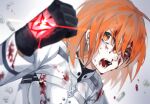  1girl blood blood_on_face command_spell fate/grand_order fate_(series) fujimaru_ritsuka_(female) fujimaru_ritsuka_(female)_(decisive_battle_chaldea_uniform) gloves glowing highres looking_to_the_side medium_hair omame_korokor one_eye_closed open_mouth orange_eyes orange_hair portrait solo white_background 