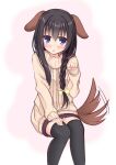  1girl animal_ears black_hair black_thighhighs blush bow braid brown_sweater casual commentary_request dog_ears dog_girl dog_tail eyes_visible_through_hair feet_out_of_frame furrowed_brow hair_between_eyes hair_bow hand_on_own_thigh igarashi_kenji long_hair looking_at_viewer miniskirt motion_lines nijouin_hazuki open_mouth paw_pose pencil_skirt pink_background purple_eyes riddle_joker shy sidelocks simple_background single_braid sitting skirt sleeves_past_wrists solo straight_hair sweater tail tail_wagging thighhighs yellow_bow zettai_ryouiki 