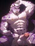  1boy abs absurdres animal_ears arm_up bara biceps completely_nude diamond_(shape) erection facial_hair feet_out_of_frame forked_eyebrows furry furry_male goatee highres large_pectorals long_hair looking_at_viewer male_focus male_pubic_hair mature_male multicolored_hair muscular muscular_male navel nipple_piercing nipple_rings nipples nude original pectorals penis piercing ponytail pubic_hair purple_fur sadiend solo spread_legs stomach streaked_hair thick_eyebrows thick_thighs thighs tiger_boy tiger_ears uiokv veins veiny_arms veiny_penis white_hair yellow_eyes 