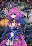  1girl armor aura_(sousou_no_frieren) balance_scale batchgooya breasts cleavage clothing_cutout demon_horns elbow_gloves foreshortening gloves headless highres holding holding_sword holding_weapon horns medium_breasts navel navel_cutout purple_eyes purple_hair solo sousou_no_frieren standing sword weapon weighing_scale 