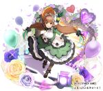  1girl :d ahoge apron balloon black_bow black_flower black_footwear black_gloves black_rose blue_flower blue_rose bonnet bow breasts brown_eyes brown_hair brown_headwear brown_pantyhose character_request collared_shirt commentary_request dress flower frilled_apron frilled_dress frills fruits_fulcute! gloves green_dress green_hair hair_flower hair_ornament heart highres large_breasts long_hair long_sleeves looking_at_viewer multicolored_hair official_art pantyhose petals pilokey pink_flower pink_rose purple_flower purple_rose rose shirt shoes simple_background smile solo spotlight two-tone_hair very_long_hair white_apron white_background white_shirt yellow_flower yellow_rose 