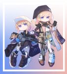  1girl 2girls assault_rifle baseball_cap beanie black_coat black_footwear black_leggings black_scarf black_shirt blonde_hair blue_gloves boots border breasts brown_coat brown_hair character_name chibi clenched_hand cloak closed_mouth coat earrings fanny_pack fn_scar fn_scar_16 fn_scar_17 girls&#039;_frontline gloves green_skirt gun hat headphones hexaa highres holding holding_dog_tags holding_weapon jewelry knee_pads leggings long_hair long_sleeves looking_at_viewer medium_breasts multiple_girls off_shoulder optical_sight pantyhose ponytail purple_eyes rifle scar-h_(girls&#039;_frontline) scar-l_(girls&#039;_frontline) scarf scope shirt shirt_tucked_in shoes single_knee_pad skirt smile suppressor trigger_discipline turtleneck two-tone_background weapon white_border white_headwear white_pantyhose white_shirt wide_sleeves 