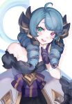  1girl ahoge bare_shoulders black_bow black_gloves black_sleeves blush bow breasts detached_sleeves dress drill_hair gloves green_eyes green_hair grey_dress gwen_(league_of_legends) hair_bow hand_up highres index_finger_raised large_breasts league_of_legends long_hair looking_at_viewer nakiyande purple_bow scissors smile solo twin_drills twintails white_background 