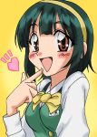  1990s_(style) 1girl araizumi_rui_(style) blush bow bowtie breasts character_name finger_to_mouth gradient_background green_hair green_jacket hairband hand_up heart idolmaster idolmaster_(classic) idolmaster_million_live! idolmaster_million_live!_theater_days index_finger_raised jacket large_breasts long_sleeves looking_at_viewer mole mole_under_mouth name_tag open_mouth otonashi_kotori red_eyes retro_artstyle shirt short_hair simple_background sleeveless sleeveless_jacket smile solo ume_black upper_body white_shirt yellow_background yellow_bow yellow_bowtie yellow_hairband 