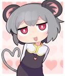  1girl animal_ear_fluff animal_ears blush border bright_pupils capelet commentary_request cookie_(touhou) cowboy_shot flat_chest grey_hair grey_skirt grey_vest heart heart_background heart_necklace heart_tail hospital_king jewelry long_sleeves looking_at_viewer medium_bangs mouse_ears mouse_girl mouse_tail nazrin necklace nyon_(cookie) open_mouth outside_border pendant pink_background red_eyes shirt short_hair skirt smile solo tail touhou vest white_border white_capelet white_pupils white_shirt 