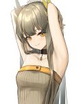  1girl absurdres arknights armpits arms_up bare_shoulders black_choker breasts choker commentary_request grey_hair highres long_hair looking_at_viewer mole mole_under_eye muelsyse_(arknights) nopetroto small_breasts solo strapless tube_top upper_body very_long_hair yellow_eyes 