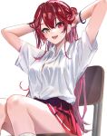  1girl adjusting_hair arms_behind_head blush breasts heterochromia highres hololive houshou_marine large_breasts long_hair looking_at_viewer on_chair open_mouth ponkan_8 red_eyes red_hair red_skirt shirt sitting skirt smile solo thighs very_long_hair virtual_youtuber white_shirt wristband yellow_eyes 