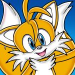  1boy animal_ears animal_nose arm_up blue_background blue_eyes body_fur commentary commission english_commentary fox_boy fox_ears fox_tail furry furry_male happy head_tilt looking_at_viewer male_focus multiple_tails official_style open_mouth rockthebull simple_background smile solo sonic_(series) sonic_adventure standing straight-on tail tail_raised tails_(sonic) two-tone_fur two_tails upper_body white_fur wide-eyed yellow_fur 