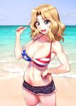  1girl american_flag_bikini bare_shoulders beach bikini blonde_hair blue_eyes blue_sky blush breasts cleavage commentary_request cowboy_shot day denim denim_shorts flag_print girls_und_panzer hand_on_own_hip hand_up highres kay_(girls_und_panzer) large_breasts long_hair looking_at_viewer micro_shorts minazuki_juuzou navel open_mouth outdoors parted_bangs shadow shiny_skin shorts sidelocks sky solo stomach swimsuit torn_clothes torn_shorts 