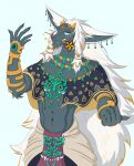  abs absurd_res anthro clothed clothing ear_piercing flower_in_mouth fur grey_body grey_fur hair head_markings hi_res horn isaacyote_(artist) jewelry long_hair male mammal markings nintendo piercing rauru_(tears_of_the_kingdom) simple_background solo tears_of_the_kingdom the_legend_of_zelda white_hair zonai 