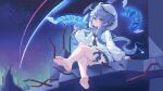  1girl :c absurdres ahoge arm_rest barefoot black_neckerchief blue_eyes blue_hair blue_sailor_collar blue_skirt blush closed_mouth concrete dated feet foot_focus from_below hair_between_eyes hand_up head_tilt highres holding holding_wand knee_up long_hair long_sleeves looking_at_viewer miniskirt neckerchief night night_sky open_hand original piano_keys pleated_skirt raised_eyebrows rebar ruins sailor_collar school_uniform serafuku shadow shirt shooting_star sidelocks signature sitting skirt sky sleeve_cuffs soles solo star_(sky) starry_sky thigh_garter thighs toes twintails wand white_shirt wuhuo 