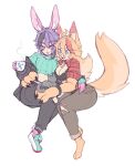  1boy 1girl ahoge animal_ears arm_around_waist blonde_hair blue_eyes breasts buffpup_(vtuber) cat chain collar cropped_sweater cup full_body hair_between_eyes highres holding holding_cup indie_virtual_youtuber jacket long_hair looking_at_animal medium_breasts open_mouth punipaws purple_eyes purple_hair rabbit_boy rabbit_ears shiabun_(vtuber) simple_background sitting tail teeth tongue torn_clothes virtual_youtuber white_background wolf_ears wolf_girl wolf_tail 