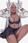  1girl :d abs animal_ears black_bra boku_no_hero_academia bra breasts cleavage collarbone dark-skinned_female dark_skin fangs gloves hands_up highres knee_up large_breasts long_eyelashes long_hair looking_at_viewer mirko navel open_clothes open_mouth open_shirt parted_bangs pleated_skirt rabbit_ears rabbit_girl rabbit_pose red_eyes shadertoons shirt sitting skirt sleeves_rolled_up smile solo stomach teeth thighs toned underwear upper_teeth_only white_background white_gloves white_hair white_shirt 