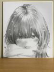  1girl archived_source blush close-up enpera greyscale highres key_(kagibangou) looking_at_viewer medium_hair monochrome original parted_lips photo_(medium) scarf shikishi signature smile snow snowing solo traditional_media 