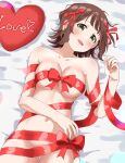  1girl absurdres amami_haruka bed_sheet breasts brown_hair cleavage collarbone commentary_request green_eyes hair_ribbon haruki_(haruki678) heart heart_pillow highres idolmaster idolmaster_(classic) large_breasts looking_at_viewer lying naked_ribbon navel on_back open_mouth pillow red_ribbon ribbon short_hair smile solo stomach 