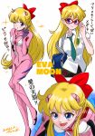  1girl absurdres aino_minako bishoujo_senshi_sailor_moon blonde_hair blue_eyes bodysuit bow cosplay earrings glasses hair_bow hairpods highres jewelry long_hair makinami_mari_illustrious makinami_mari_illustrious_(cosplay) neon_genesis_evangelion pink_bodysuit plugsuit rebuild_of_evangelion red-framed_eyewear red_bow school_uniform simple_background stud_earrings translation_request tsunemoku white_background 