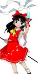  1girl ascot black_hair bow closed_mouth gohei hair_bow hakurei_reimu holding holding_gohei japanese_clothes long_hair non-web_source nontraditional_miko official_art ofuda paw_print red_bow red_eyes red_skirt skirt smile socks solo touhou transparent_background unfinished_dream_of_all_living_ghost white_socks yellow_ascot zun_(artist) 