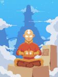  1boy aang absurdres animated animated_gif avatar:_the_last_airbender avatar_legends bald blue_sky breathing bright_pupils brown_footwear cloud day highres male_focus meditation outdoors own_hands_together robe silhouette sitting sky solo white_pupils wind wind_light 