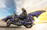  1boy black_cape blue_sky brick_floor cape cloud cloudy_sky commentary_request dias_(tajima_kouki) full_body gold_trim gradient_sky highres horizon kamen_rider kamen_rider_knight kamen_rider_knight_survive kamen_rider_ryuki_(series) motor_vehicle motorcycle on_motorcycle partial_commentary purple_armor sky solo tire yellow_sky 