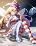  1girl absurdres american_flag_dress american_flag_legwear blonde_hair clownpiece earth_(planet) fairy_wings frilled_shirt_collar frills grin hat highres jester_cap long_hair moon on_ground pantyhose pink_headwear planet polka_dot red_eyes short_sleeves sitting smile space touhou wings yujin_(kanouyuuto-0423) 