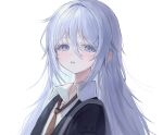  1girl :o blush collared_shirt dot_nose grey_eyes grey_hair highres jacket lerome long_hair looking_at_viewer necktie open_mouth original portrait red_necktie shirt sidelocks solo strap white_background 