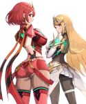  2girls adjusting_clothes ass bare_shoulders blonde_hair blush bodysuit breasts brown_eyes closed_mouth commentary_request crossed_arms earrings elbow_gloves fingernails gloves gonzarez hair_ornament hand_on_own_chest highres jewelry loincloth long_hair looking_at_viewer looking_back medium_breasts miniskirt multiple_girls mythra_(xenoblade) open_mouth panties panties_under_bodysuit pantyhose pleated_skirt pyra_(xenoblade) red_eyes red_hair shiny_clothes short_hair short_shorts shorts simple_background skin_tight skirt suspenders thigh_strap thighhighs tiara turtleneck underwear white_background xenoblade_chronicles_(series) xenoblade_chronicles_2 