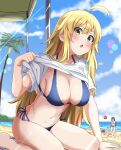  3girls :o absurdres ahoge amami_haruka arm_support beach bikini bikini_under_clothes blonde_hair blue_bikini blush breasts cleavage clothes_lift collarbone commentary_request fallen_down green_eyes haruki_(haruki678) highres hoshii_miki idolmaster idolmaster_(classic) idolmaster_million_live! kisaragi_chihaya kneeling large_breasts lifted_by_self long_hair looking_at_viewer multiple_girls navel outdoors sand shirt_lift side-tie_bikini_bottom sidelocks solo_focus swimsuit very_long_hair white_lily 