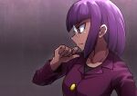 1girl black_shirt blunt_bangs buttons closed_mouth collarbone commentary_request eyelashes frown glasses hand_up jacket kotobukkii_(yt_lvlv) looking_down matori_(pokemon) medium_hair pink_eyes pokemon pokemon_(anime) purple_hair purple_jacket shirt solo upper_body 
