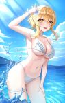  1girl :d absurdres arm_up beach bikini blonde_hair blue_sky blush breasts cloud contrapposto day flower genshin_impact hair_between_eyes hair_flower hair_ornament highres large_breasts looking_at_viewer lumine_(genshin_impact) navel ocean open_mouth outdoors sicle sky smile solo splashing stomach swimsuit thigh_strap wading water water_drop white_bikini yellow_eyes 