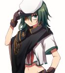  1girl anchor anchor_symbol black_gloves cape closed_mouth eyepatch gloves green_eyes green_hair hair_between_eyes hat highres hip_bones kantai_collection kiso_(kancolle) kiso_kai_ni_(kancolle) looking_at_viewer navel neckerchief one-hour_drawing_challenge red_neckerchief revision sailor_hat school_uniform serafuku short_hair short_sleeves simple_background solo sumoffu upper_body white_background 